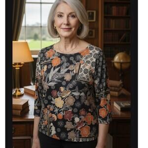 Susan Graver XL Liquid Knit women gold black floral blouse career luxury boho